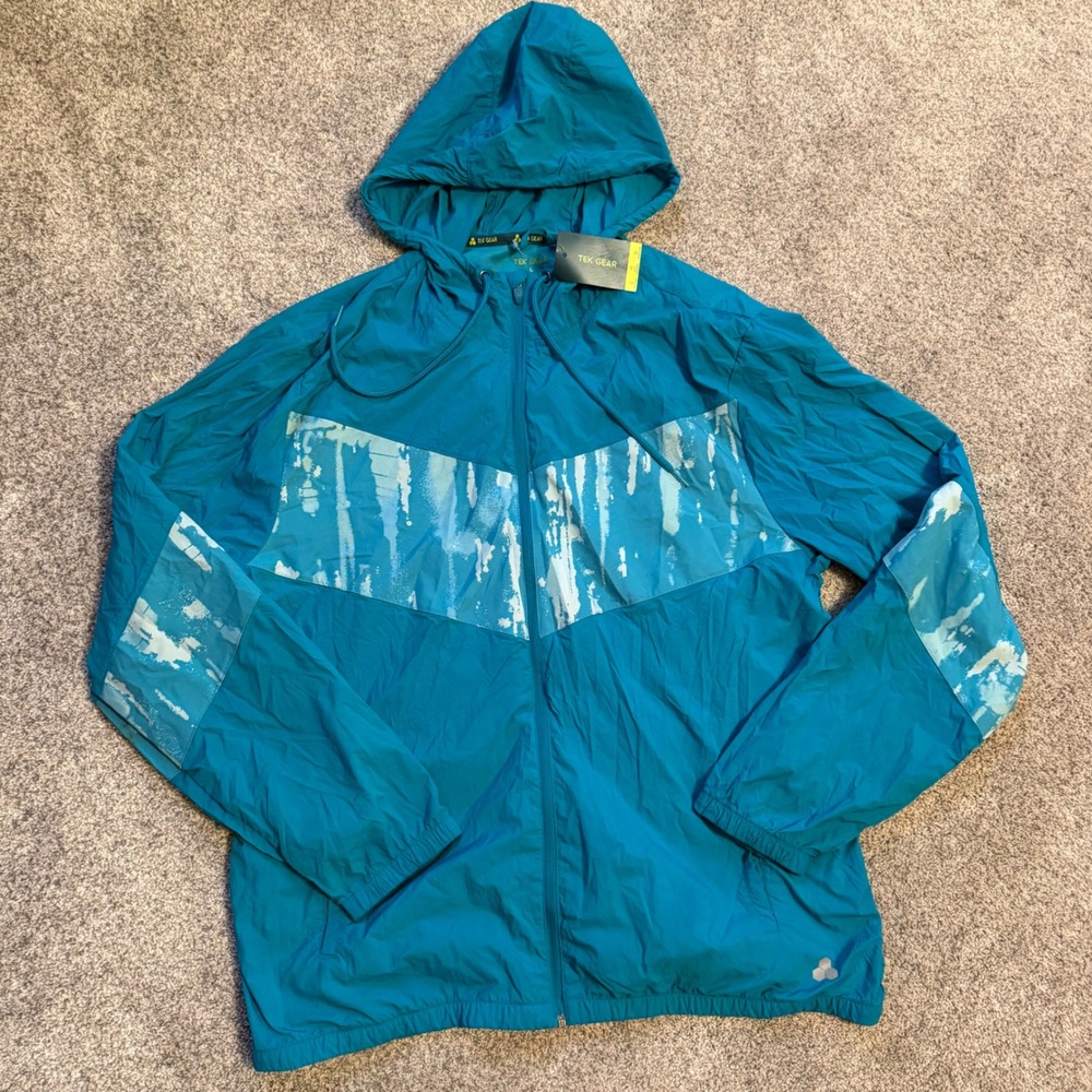 Tek Gear Mens Windbreaker Jacket Teal Blue Abstract Print Hooded Full Zip L NWT